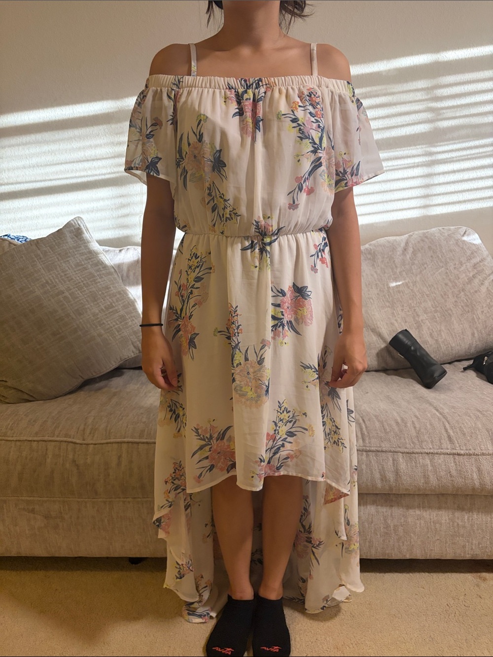 As U Wish Cream Floral Off-Shoulder High-Low Dress